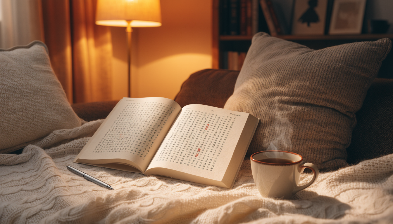 Open cryptogram puzzle book with a pencil on a cozy reading nook