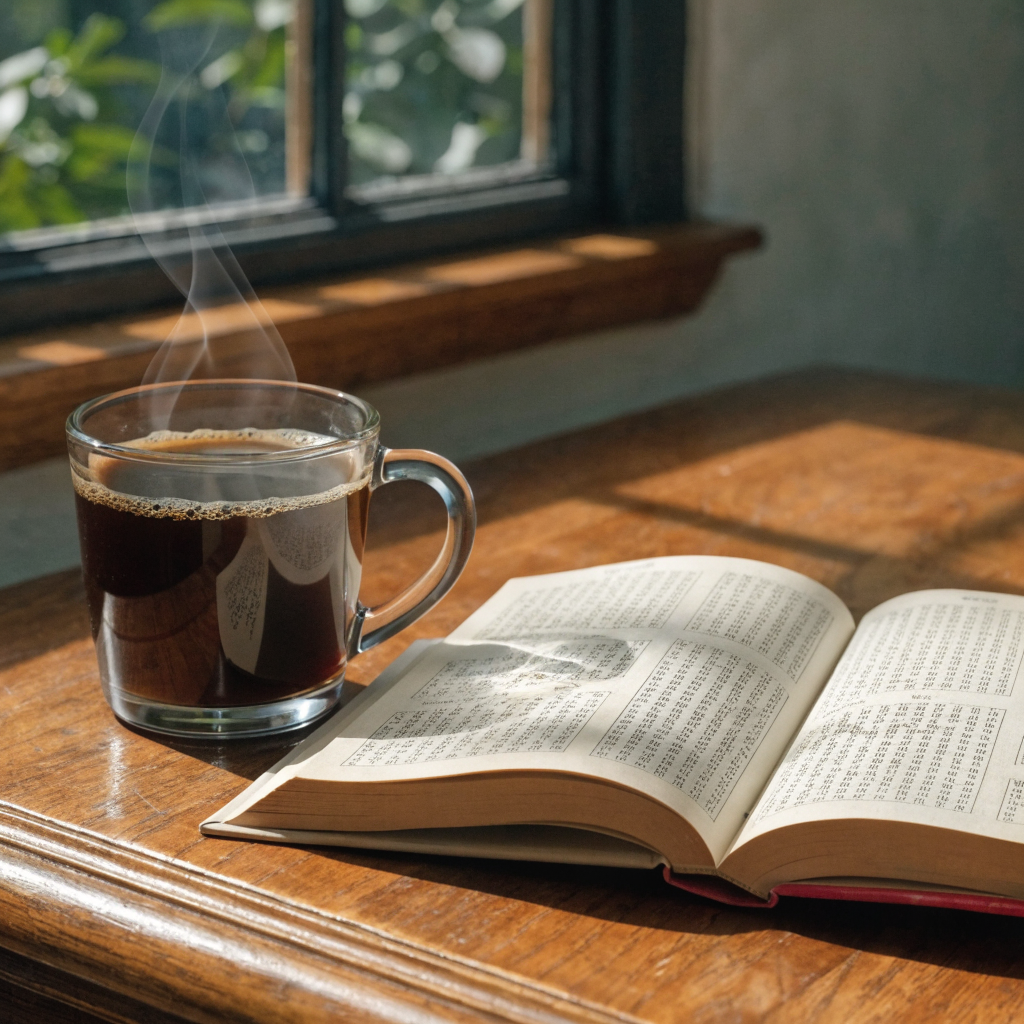 Cryptogram puzzle book with a cup of morning coffee on a sunlit table
