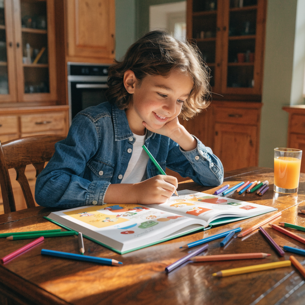 Child working through a kids cryptogram puzzle with colored pencils