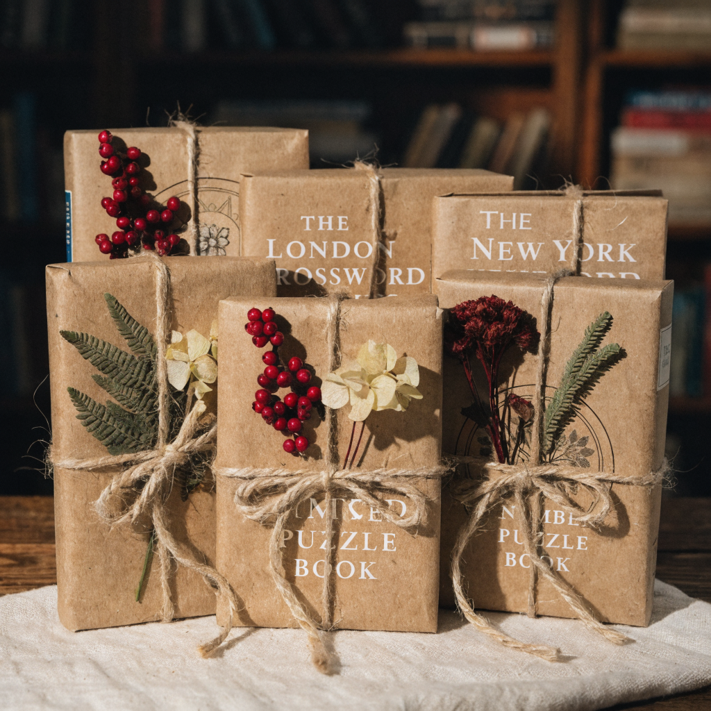 Cryptogram puzzle books wrapped as gifts with ribbon and bows