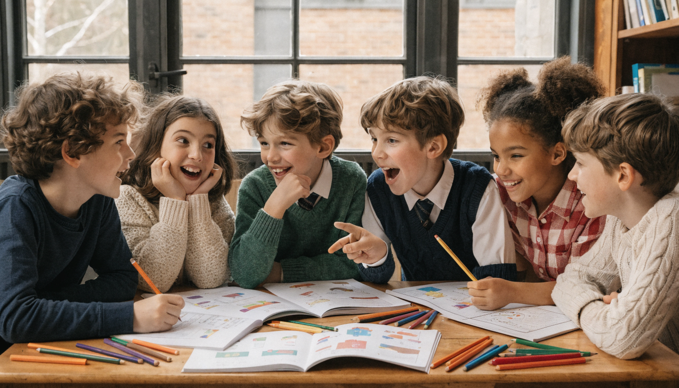 Children happily solving cryptogram puzzles from colorful puzzle books