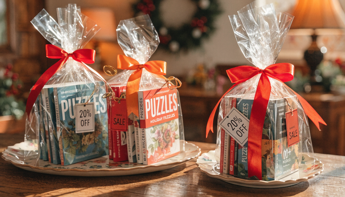 Cryptogram puzzle book bundles and special sale offers displayed with festive ribbon