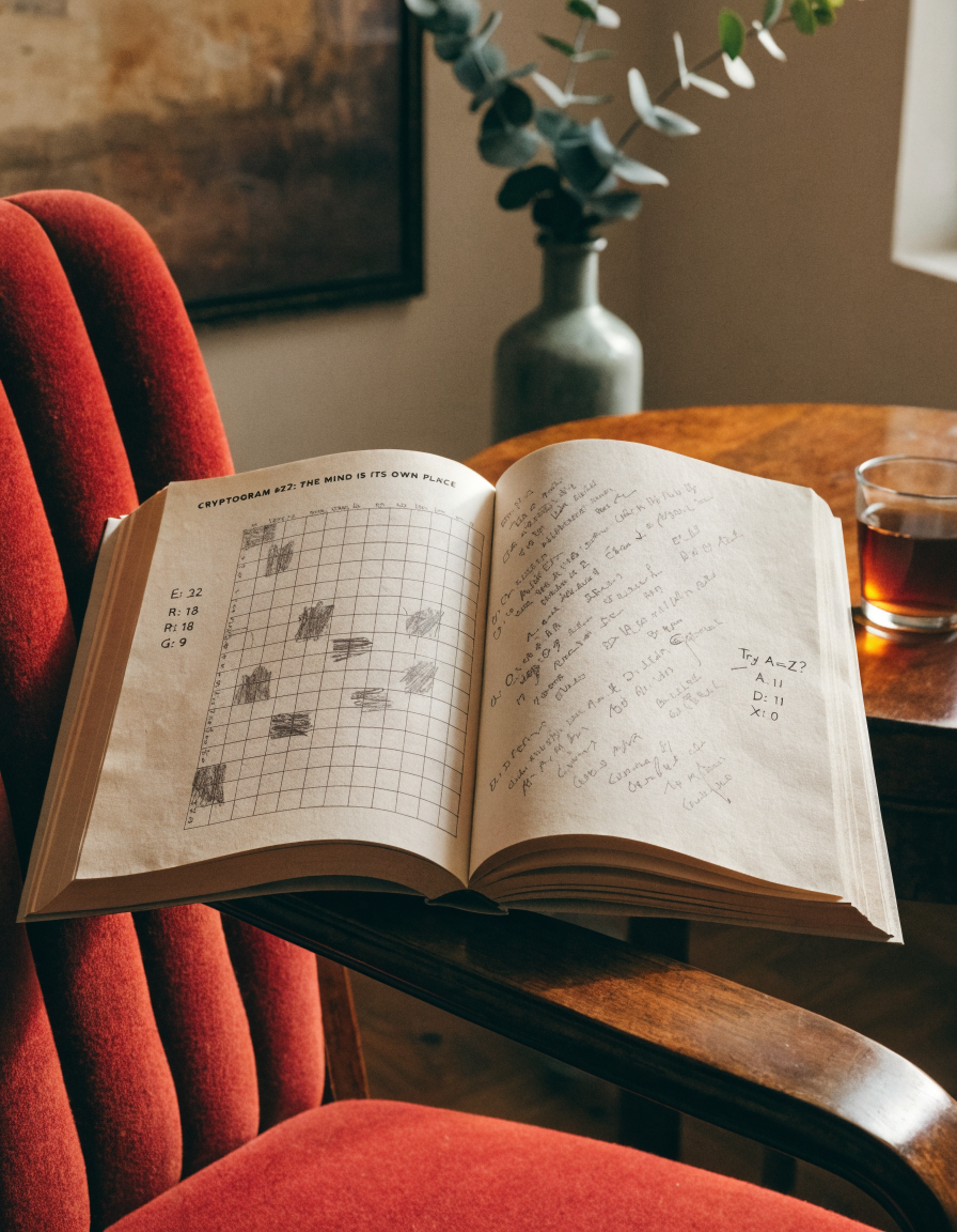 Close-up of a partially solved cryptogram puzzle page showing pencil markings and decoded letters