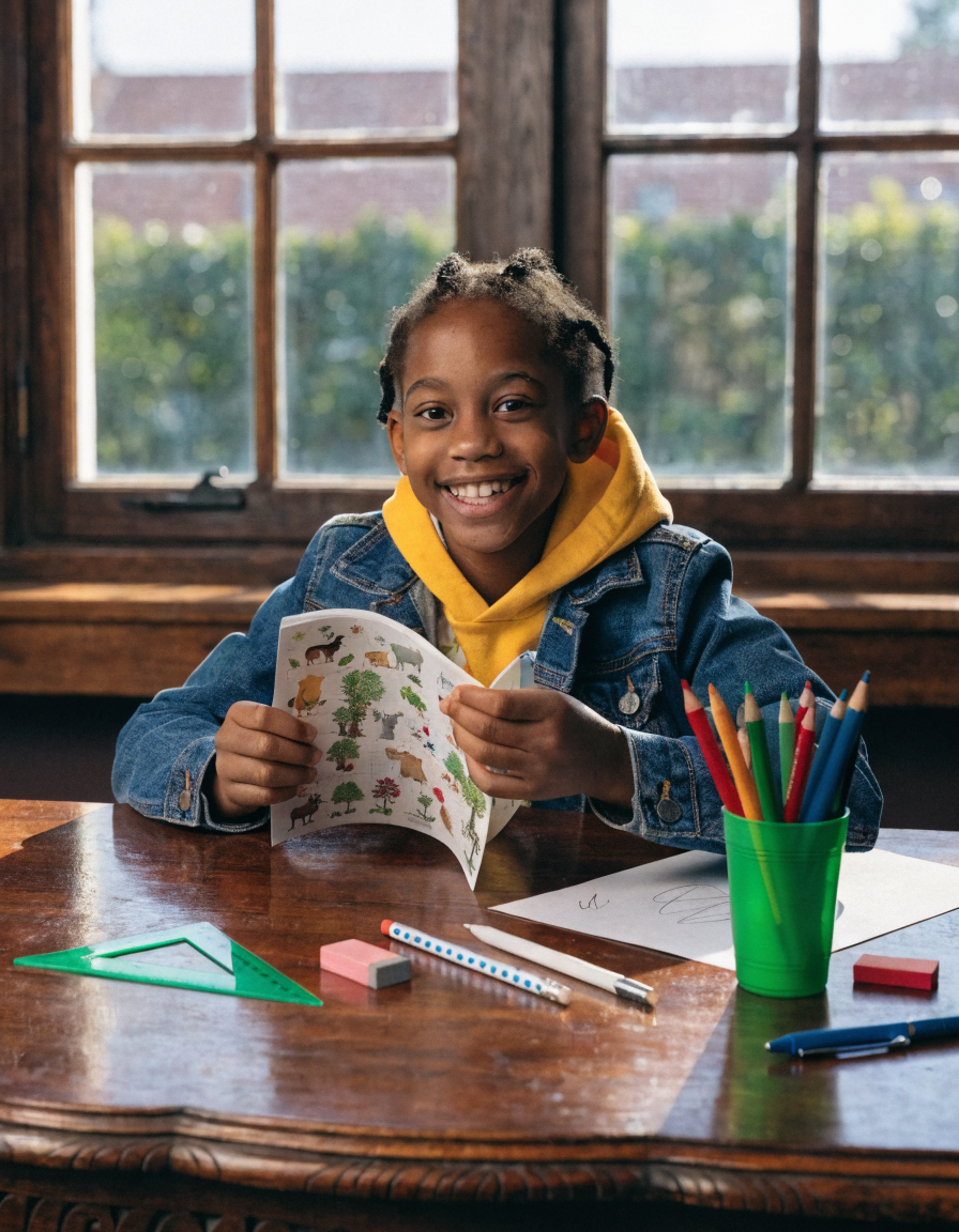 Young student focused on solving a cryptogram puzzle at a desk with colorful pencils