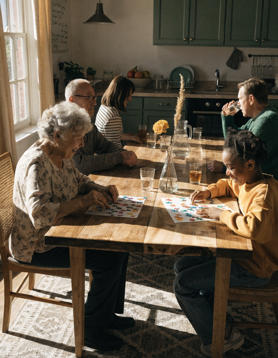 Family enjoying cryptogram puzzles together at a kitchen table